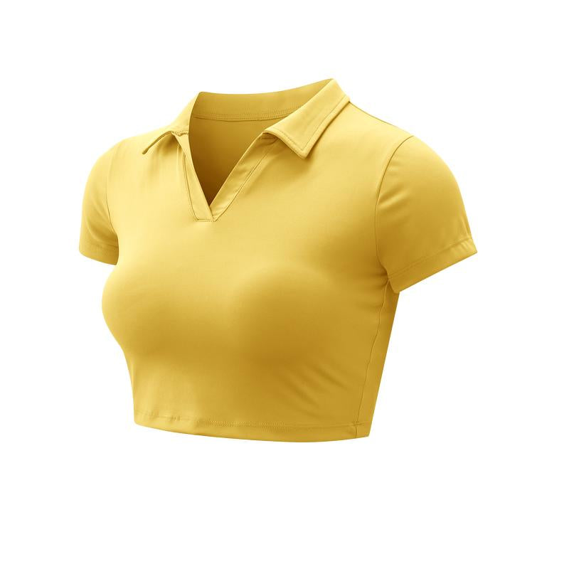 XINEV 2025 Women'S Solid Cropped Sports Polo Tee, Casual Short Sleeve T-Shirt for Gym Workout Running, Ladies Sportswear, Breathable Athletic Top