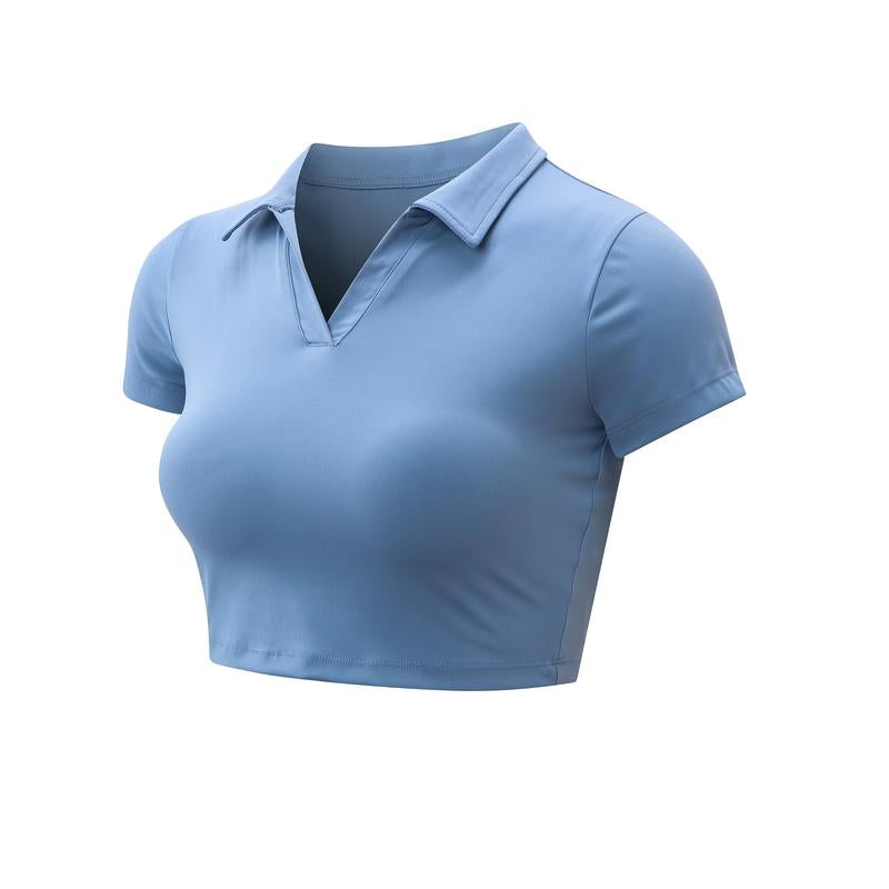 XINEV 2025 Women'S Solid Cropped Sports Polo Tee, Casual Short Sleeve T-Shirt for Gym Workout Running, Ladies Sportswear, Breathable Athletic Top
