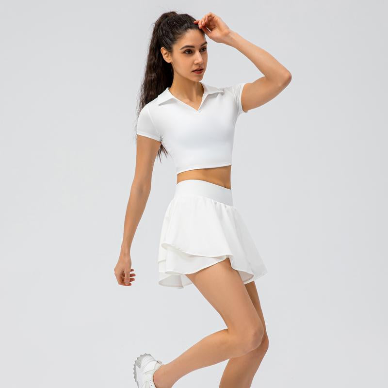 XINEV 2025 Women'S Solid Cropped Sports Polo Tee, Casual Short Sleeve T-Shirt for Gym Workout Running, Ladies Sportswear, Breathable Athletic Top
