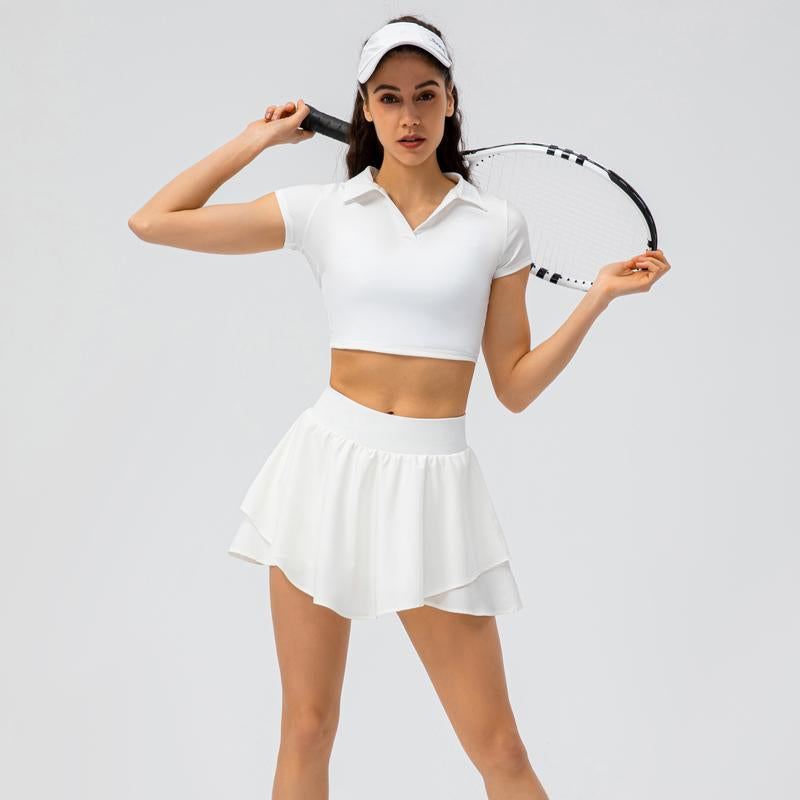 XINEV 2025 Women'S Solid Cropped Sports Polo Tee, Casual Short Sleeve T-Shirt for Gym Workout Running, Ladies Sportswear, Breathable Athletic Top