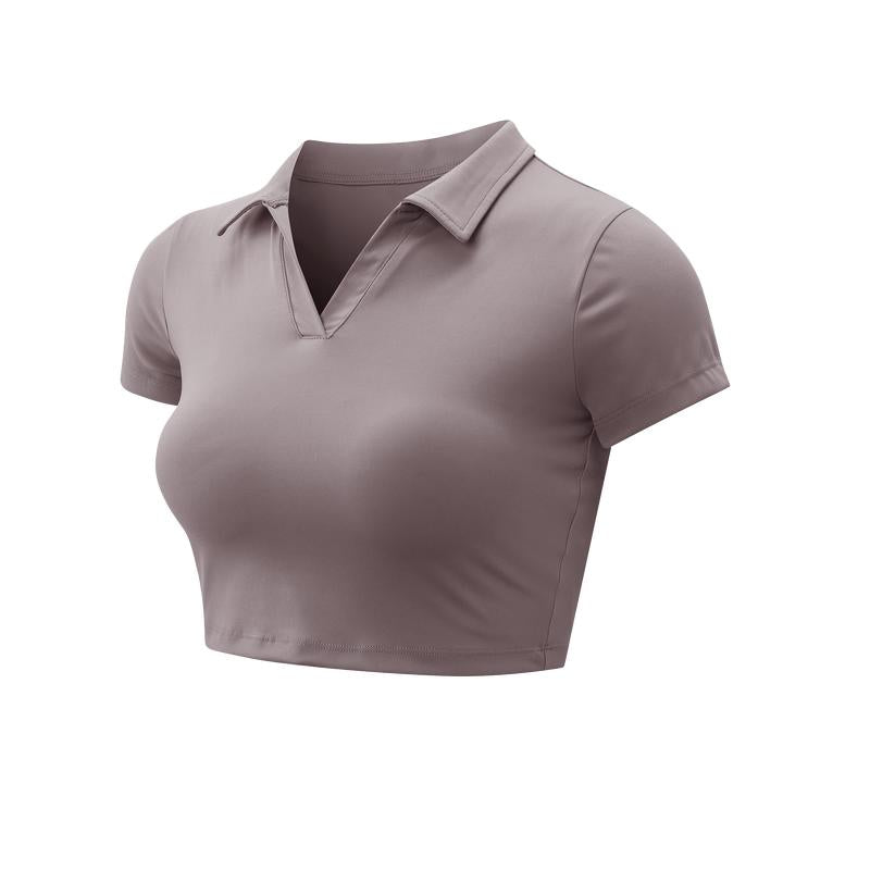 XINEV 2025 Women'S Solid Cropped Sports Polo Tee, Casual Short Sleeve T-Shirt for Gym Workout Running, Ladies Sportswear, Breathable Athletic Top