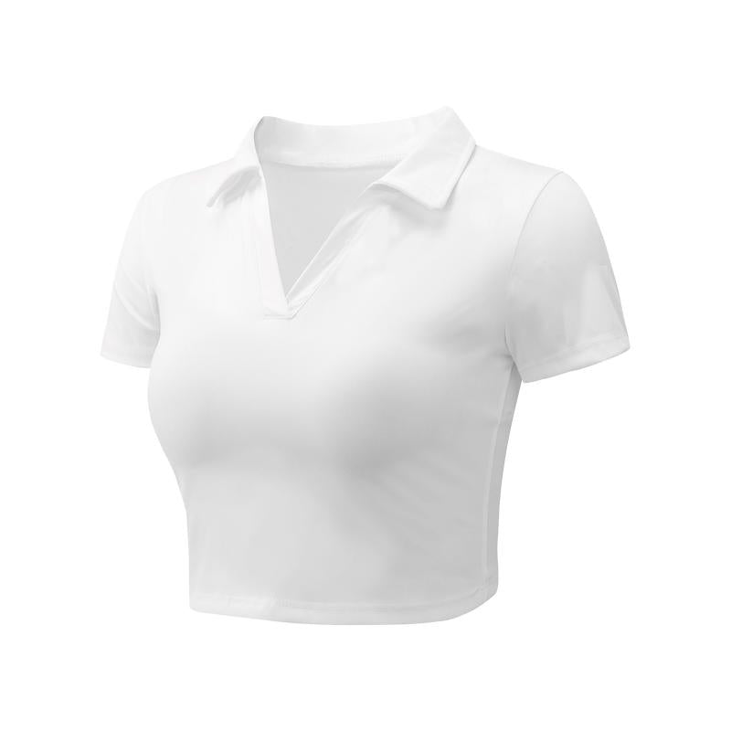 XINEV 2025 Women'S Solid Cropped Sports Polo Tee, Casual Short Sleeve T-Shirt for Gym Workout Running, Ladies Sportswear, Breathable Athletic Top