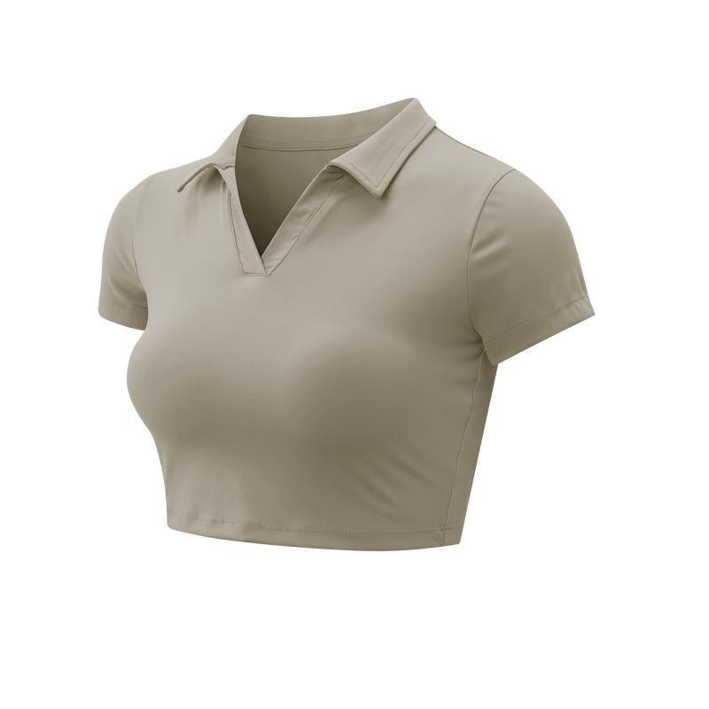 XINEV 2025 Women'S Solid Cropped Sports Polo Tee, Casual Short Sleeve T-Shirt for Gym Workout Running, Ladies Sportswear, Breathable Athletic Top