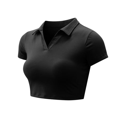 XINEV 2025 Women'S Solid Cropped Sports Polo Tee, Casual Short Sleeve T-Shirt for Gym Workout Running, Ladies Sportswear, Breathable Athletic Top